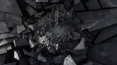 Siyah zemin, taş patlaması ve daire şeklinde. 3d illüstrasyon, 3d canlandırma.