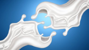 Mavi arka planda bir tutam süt. 3d illüstrasyon, 3d canlandırma.