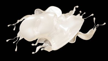 Siyah arka planda kalın beyaz bir sıvı sıçradı. 3d illüstrasyon, 3d canlandırma.