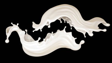 Siyah arka planda kalın beyaz bir sıvı sıçradı. 3d illüstrasyon, 3d canlandırma.