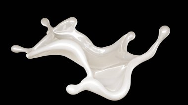 Siyah arka planda kalın beyaz bir sıvı sıçradı. 3d illüstrasyon, 3d canlandırma.