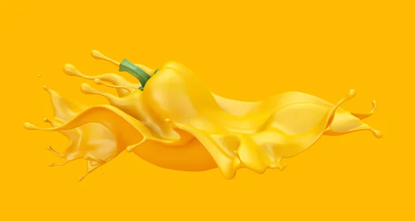 Fondo amarillo con pimentón y salsa de tomate, salsa, jugo. Ilustración 3d, representación 3d . — Foto de Stock