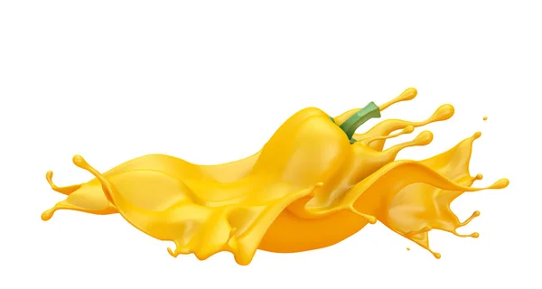 Fundo amarelo com páprica isolada e salpicos de ketchup, molho, suco. Ilustração 3d, renderização 3d . — Fotografia de Stock