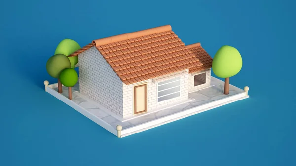 Haus, Ferienhaus mit Ziegeln aus weißem Ziegel und Bäumen. 3D Illustration, 3D Rendering. — Stockfoto