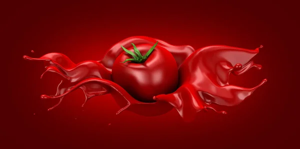 Hermoso fondo rojo con tomate y salpicadura de jugo, pasta de tomate, ketchup, salsa. Ilustración 3d, representación 3d . — Foto de Stock