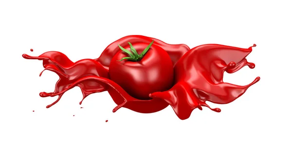 Fondo rojo con tomate aislado y salpicadura. Ilustración 3d, representación 3d . — Foto de Stock