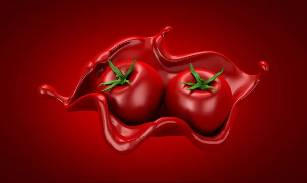 Червоний фон з помідорами і бризками. 3d ілюстрація, 3d візуалізація . — стокове фото