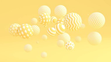 Toplarla sarı arka plan. 3d illüstrasyon, 3d canlandırma.