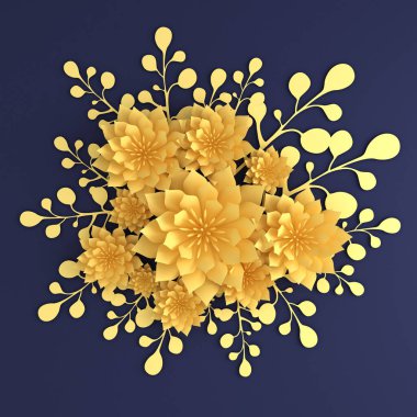 Kağıt çiçekler. Düğün süslemeleri, baskı ürünlerinizin tasarımı için arka plan, Duvar kağıdı. 3d illüstrasyon, 3d canlandırma.