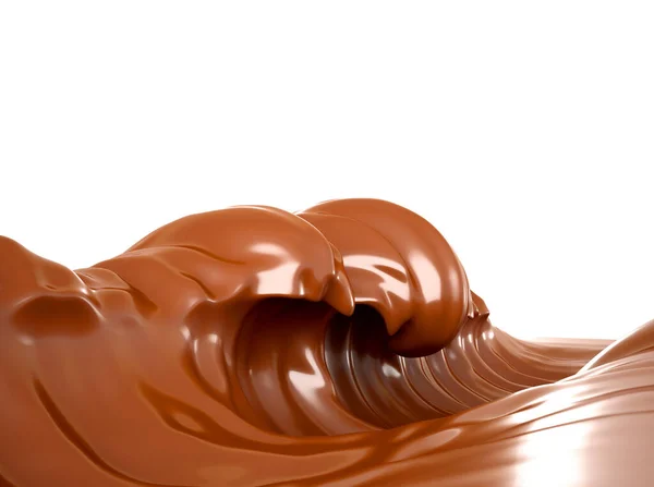 A csokoládé tengere. Egy kis csokoládé fehér háttérrel, elszigetelve. Hullám, áramlás, folyadék, nyírás. 3D illusztráció, 3D-s renderelés. — Stock Fotó