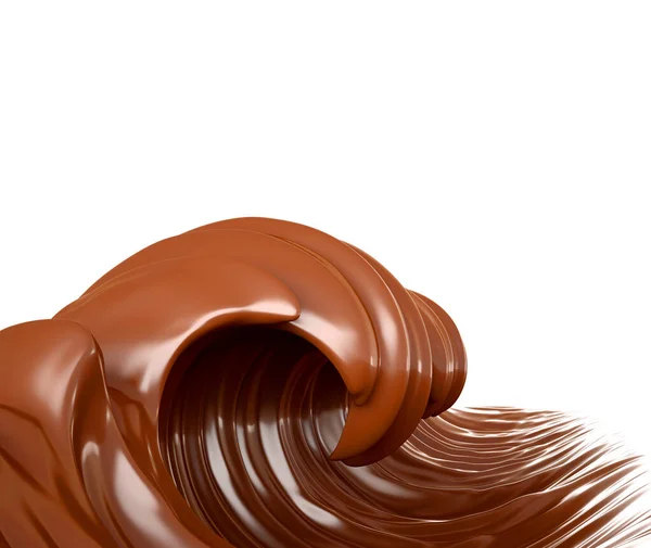 巧克力的海洋。 一片白色背景上的巧克力碎片被隔离了 波浪，流动，液体，剪切路径。 3D说明，3D渲染. — 图库照片