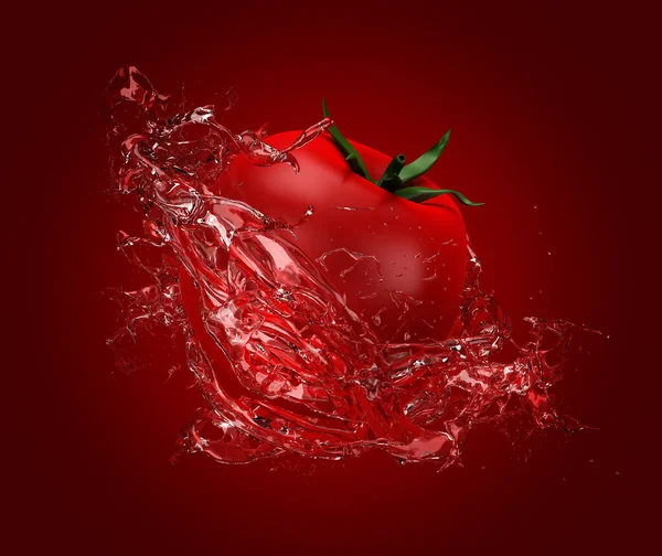 Gyönyörű piros háttér paradicsom és fröccsenő gyümölcslé, paradicsom paszta, ketchup, szósz. 3D illusztráció, 3D-s renderelés. — Stock Fotó