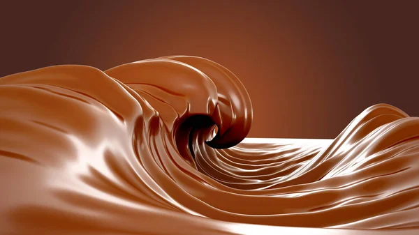 El mar de chocolate. Un chorrito de chocolate sobre un fondo marrón. Onda, flujo, líquido, camino de recorte. Ilustración 3d, representación 3d . —  Fotos de Stock