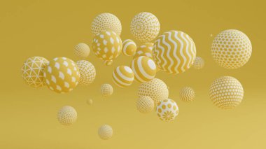 Toplarla sarı arka plan. 3d illüstrasyon, 3d canlandırma.