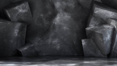 Taş ve beton desenli endüstriyel grunge stüdyosu. 3d illüstrasyon, 3d canlandırma.