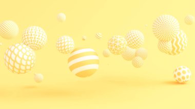 Toplarla sarı arka plan. 3d illüstrasyon, 3d canlandırma.