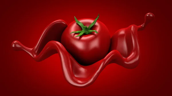 Röd bakgrund med tomat och stänk. 3D-illustration, 3D-återgivning. — Stockfoto