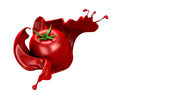 Κόκκινο φόντο με απομονωμένη ντομάτα και splash. 3D απεικόνιση, 3d απόδοση. — Φωτογραφία Αρχείου