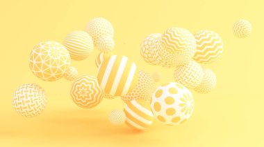 Toplarla sarı arka plan. 3d illüstrasyon, 3d canlandırma.