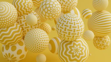 Toplarla sarı arka plan. 3d illüstrasyon, 3d canlandırma.