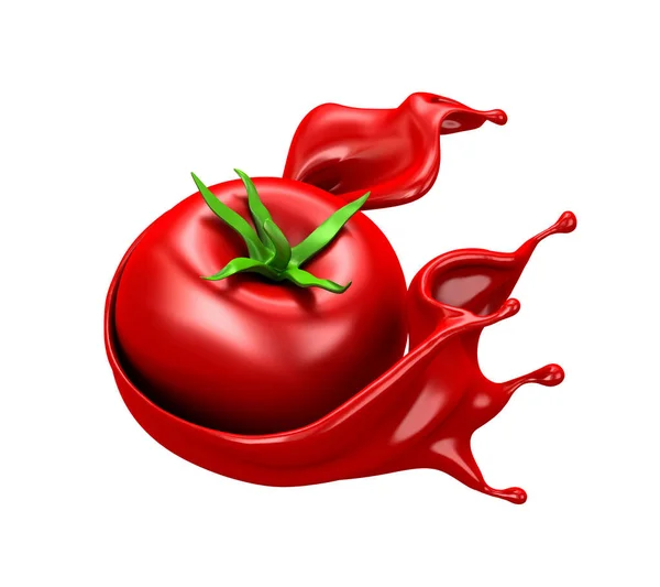 Прекрасний червоний фон з ізольованим помідором і бризками соку — стокове фото
