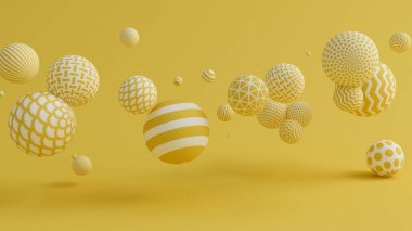 Toplarla sarı arka plan. 3d illüstrasyon, 3d canlandırma.