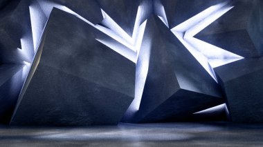 Taş ve beton desenli endüstriyel grunge stüdyosu. 3d illüstrasyon, 3d canlandırma.