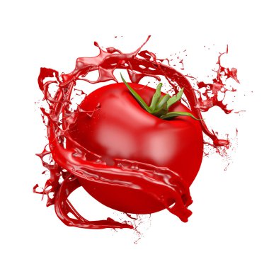 Güzel kırmızı arka plan, izole edilmiş domates suyu, domates ezmesi, ketçap, sos. 3d illüstrasyon, 3d canlandırma.