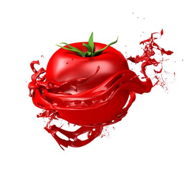 Güzel kırmızı arka plan, izole edilmiş domates suyu, domates ezmesi, ketçap, sos. 3d illüstrasyon, 3d canlandırma.