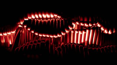 Çizgiler ve dalgalarla süslü kırmızı metalik siyah arkaplan. 3d illüstrasyon, 3d canlandırma.