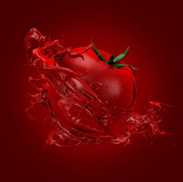 Belo fundo vermelho com tomate e salpicos de suco, pasta de tomate, ketchup, molho. Ilustração 3d, renderização 3d . — Fotografia de Stock