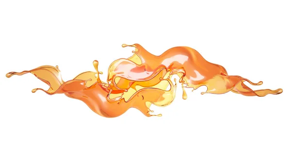 Salpicadura de jugo, líquido naranja sobre fondo blanco, aislado. Ilustración 3d, representación 3d . — Foto de Stock