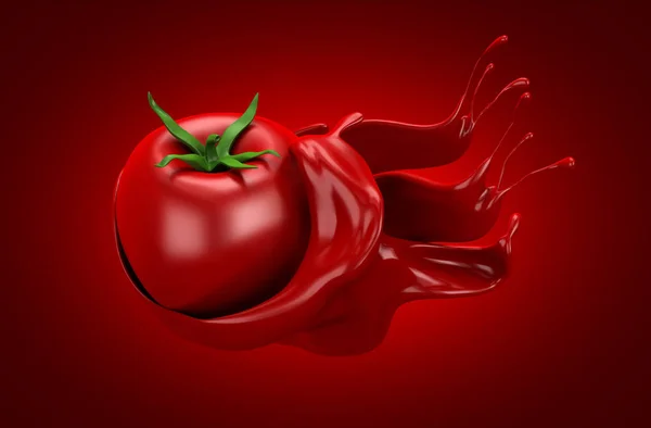 Fondo rojo con tomate y salpicadura. Ilustración 3d, representación 3d . — Foto de Stock