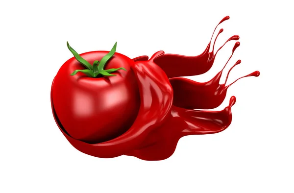 Czerwone tło z odizolowanym pomidorem i pluskiem. Ilustracja 3D, renderowanie 3D. — Zdjęcie stockowe