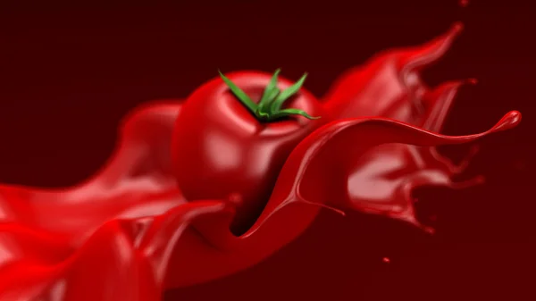 Vacker röd bakgrund med tomat och stänk av juice, tomatpuré, ketchup, sås. 3D-illustration, 3D-återgivning. — Stockfoto