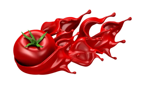 아름다운 빨간 배경에 격리 된 토마토와 즙, 토마토 반죽, 케첩, 소스를 뿌린다. 3D 삽화 , 3D 렌더링. — 스톡 사진