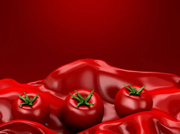 Прекрасний червоний фон з помідорами та бризками соку, томатною пастою, кетчупом, соусом. 3d ілюстрація, 3d візуалізація . — стокове фото