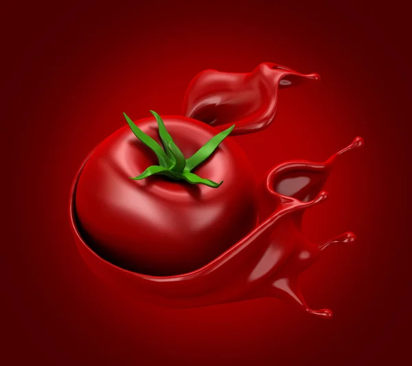 Schönen roten Hintergrund mit Tomate und Spritzer Saft, Tomatenmark, Ketchup, Sauce. 3D Illustration, 3D Rendering. — Stockfoto