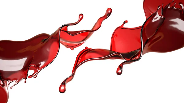 Una spruzzata di liquido rosso trasparente. Illustrazione 3d, rendering 3d . — Foto Stock