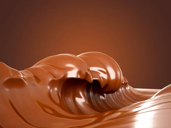 El mar de chocolate. Un chorrito de chocolate sobre un fondo marrón. Onda, flujo, líquido, camino de recorte. Ilustración 3d, representación 3d . — Foto de Stock