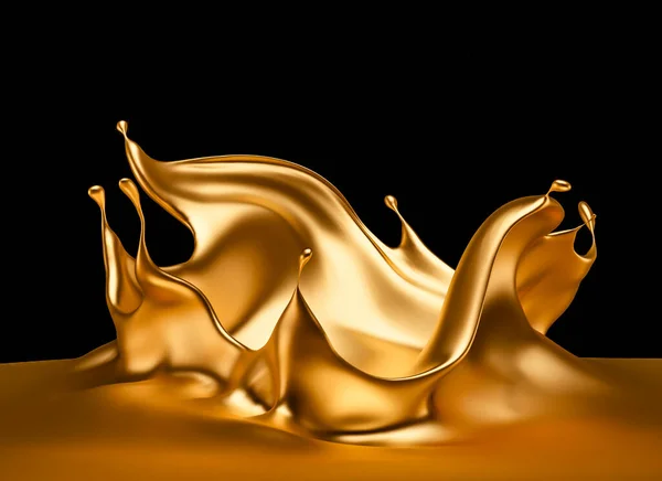 Splash ouro fundo preto. Ilustração 3d, renderização 3d . — Fotografia de Stock