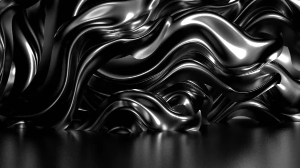 Όμορφο κομψό μαύρο φόντο με πιέτες, κουρτίνες και στροβιλίσματα. 3D απεικόνιση, 3d απόδοση. — Φωτογραφία Αρχείου
