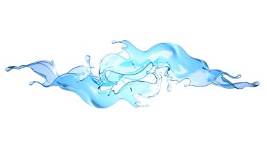 Beyaz arka planda su sıçraması izole edilmiş. 3d illüstrasyon, 3d canlandırma.