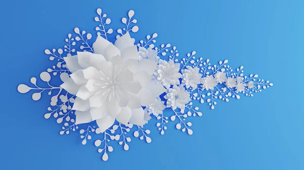Papierowe kwiaty. Dekoracje weselne, tło do projektowania produktów drukarskich, Tapeta. Ilustracja 3D, renderowanie 3D. — Zdjęcie stockowe