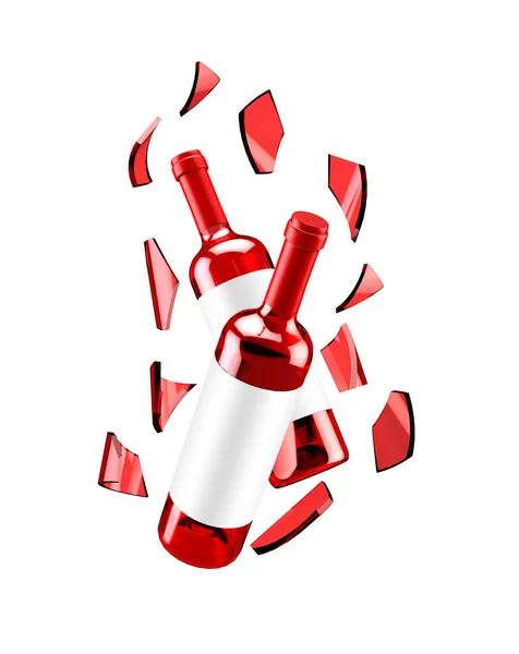 带着玻璃杯碎片的独立红葡萄酒瓶 3D说明，3D渲染. — 图库照片