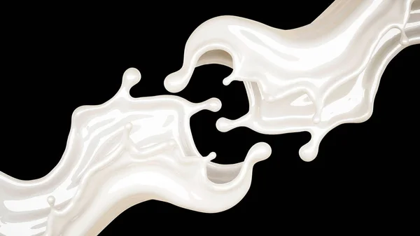 Šplouchnutí husté bílé tekutiny na černém pozadí. 3D ilustrace, 3D vykreslování. — Stock fotografie