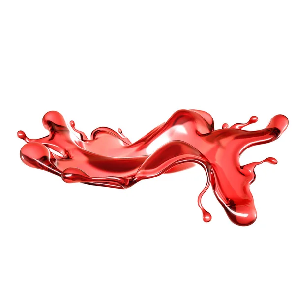 一种透明的红色液体溅在白色背景上的水花。 3D说明，3D渲染. — 图库照片