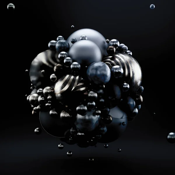 Czarne abstrakcyjne tło o geometrycznych kształtach z kulek. Ilustracja 3D, renderowanie 3D. — Zdjęcie stockowe