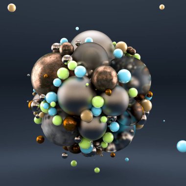 Topları, geometrisi, soyutlaması olan altın grisi bir arka plan. 3d illüstrasyon, 3d canlandırma.