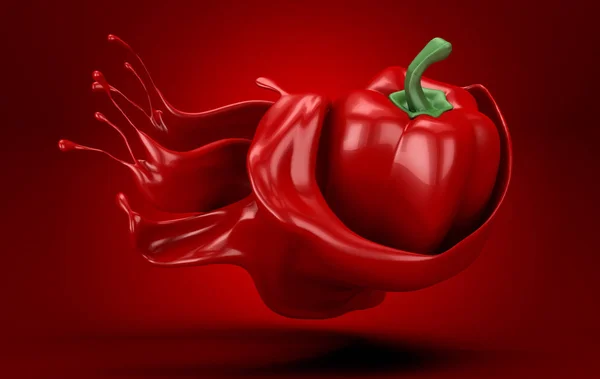 Vacker, abstrakt röd bakgrund med peppar och en skvätt juice. 3D-illustration, 3D-återgivning. — Stockfoto